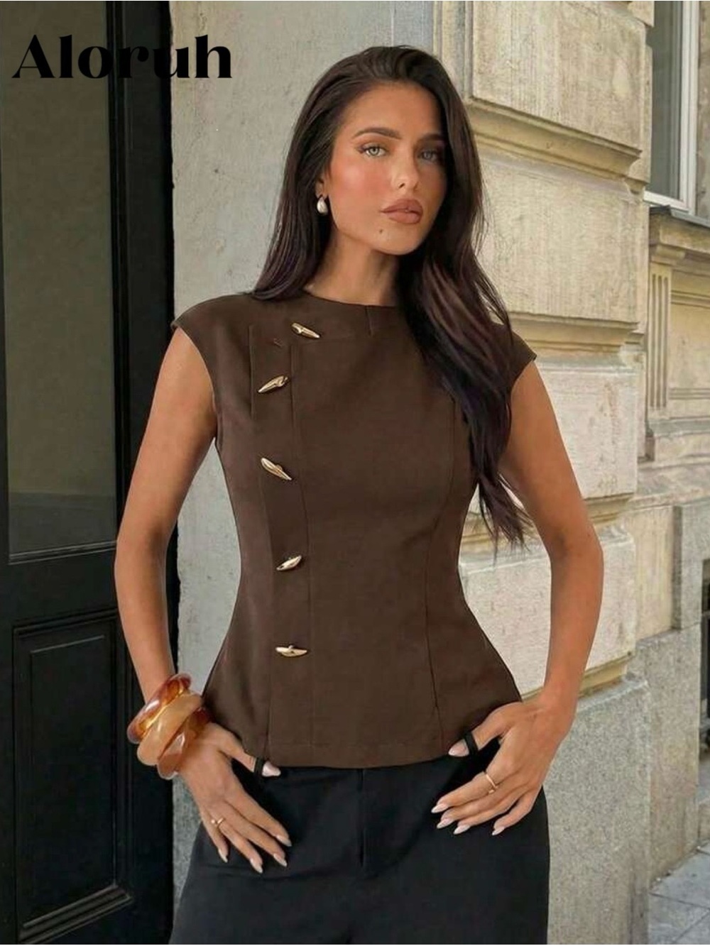 SHEIN Brown Cap Sleeve Top with Gold Accent Buttons